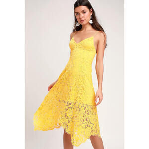 Lulus One Wish Yellow Lace Midi Dress - Size M